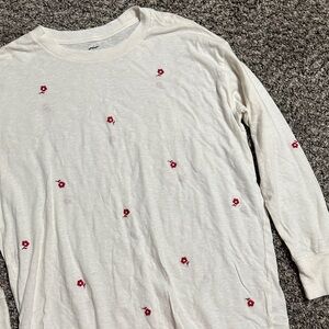 Aerie Cream Long Sleeve Shirt with Red Floral Embroidery